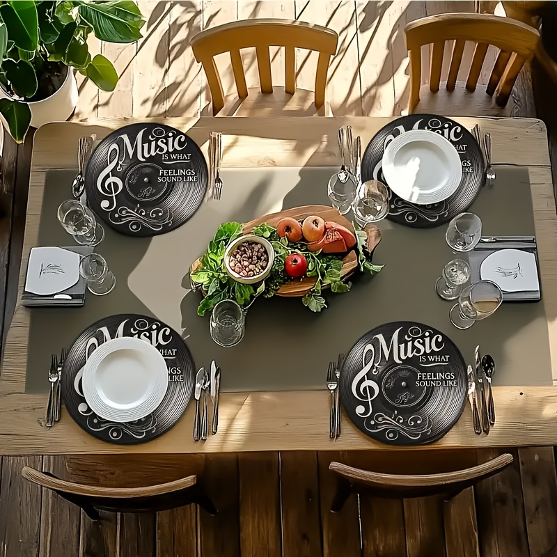 TEMU 4pcs Of Emotion Vinyl Record Round Wooden Placemats, Suitable For Dining Tables, Picnics, And Celebrations