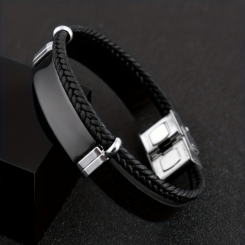 Image of New Stainless Steel Men's Bracelet Leather Bracelet Customized With Text. Unique Holiday Gift For Daily Wear. Valentine's Day Gift, To 10 Words Per