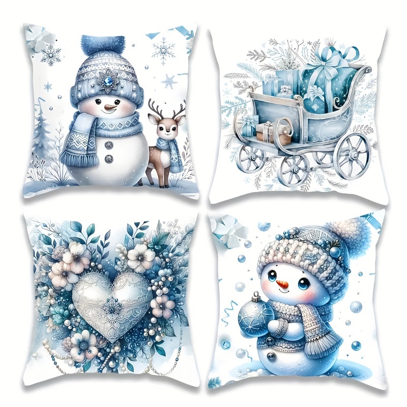 

4pcs Christmas Pillowcase Set - Snowman, And Pattern, , 18x18 - Suitable For Sofa And Bed Decoration, ,