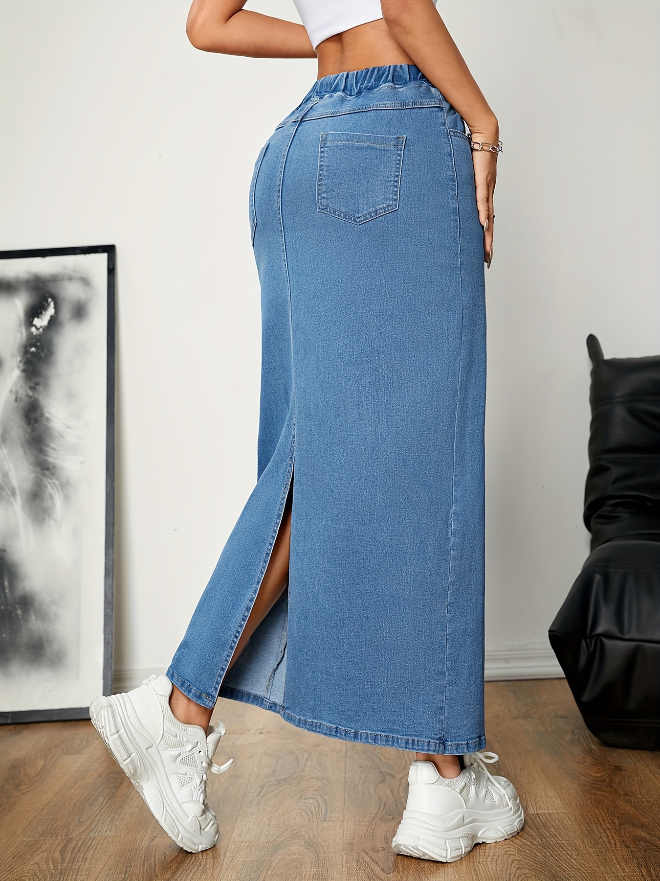 Vrouwen's Hoge Taille Stretch Denim Rok met Trekkoord Taille Achtersplit  Casual Lange Lengte Jeansrok voor Lente Zomer Herfst, Witte Crop Top