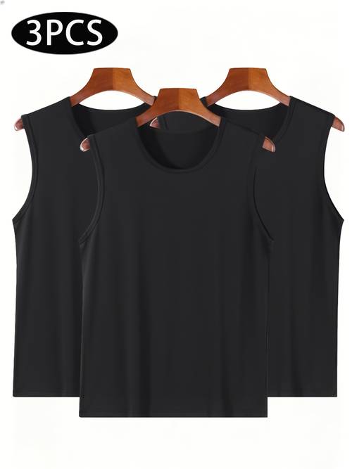 imagen del artículo 3 piezas de camisetas sin para hombre de pc - capa base ajustada de hombros anchos, camisetas deportivas transpirables de color liso y cuello , ceñido para gimnasio, fitness, uso todo el año | adecuadas para deportes, entrenamiento y uso casual