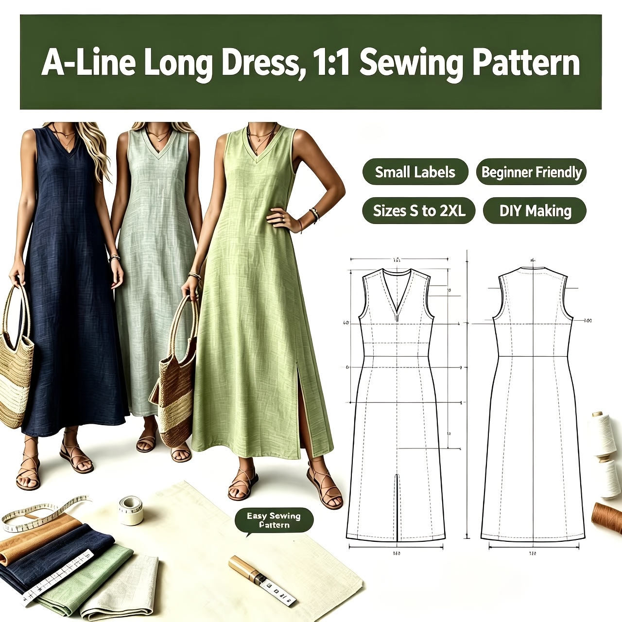 TEMU Patron de couture 1:1 pour robe longue ample et fluide à coupe en A : Robe longue manches à col en V pour les défauts, Patron 1:1 de robe longue