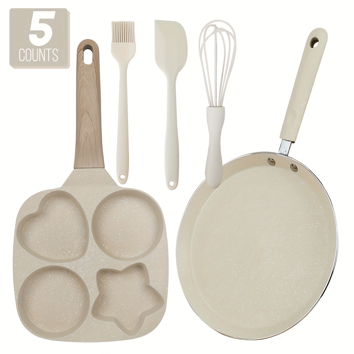 TEMU 5pcs Non Stick Breakfast Pot Set Suitable For Frying Eggs, Hamburgers, Steaks, Pancakes, Flat Bottomed Frying Pans, Easy To Clean Kitchen Essentials Beige
