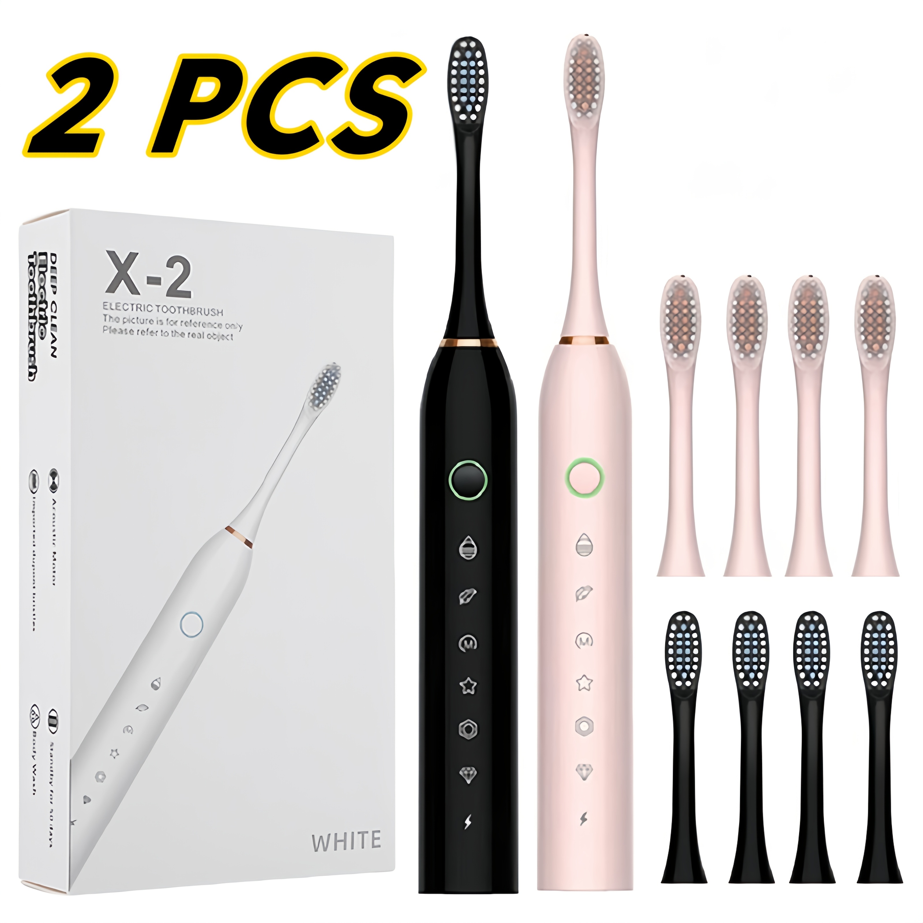 2pcs Advanced Smart Electric Toothbrush, 6 Cleaning Modes, 2/4 Replacement Brush Heads, Ultra-soft Bristles to Care for Sensitive Teeth, IP67 Rating, Suitable for Couples and Family Gifts