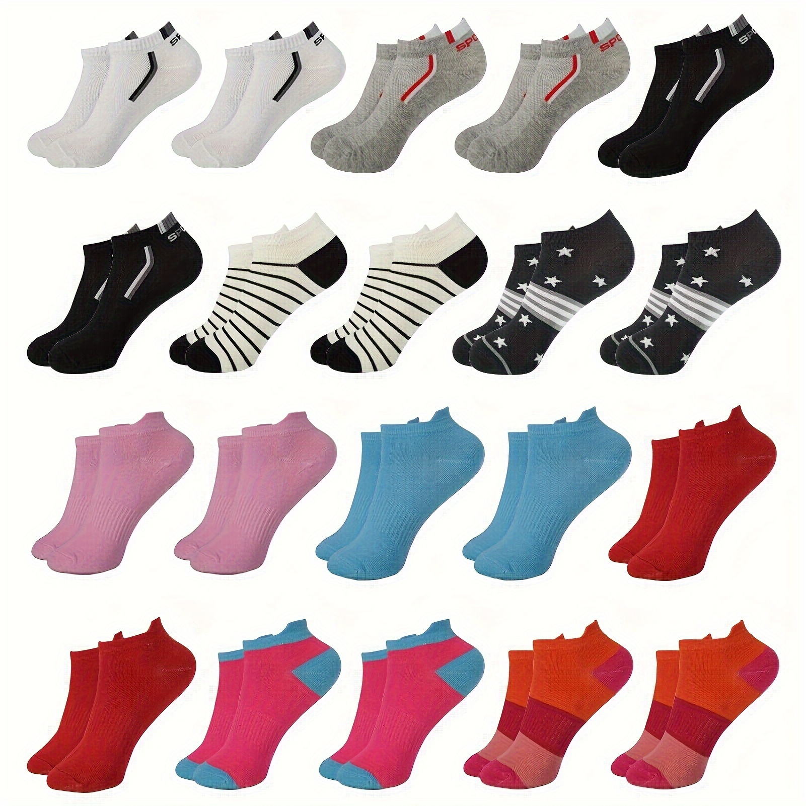 

20 Pairs Women's Ankle Socks, Low Cut, No Show, Athletic, Colorful, Comfortable, Stretch, For Running, Workout & Sports