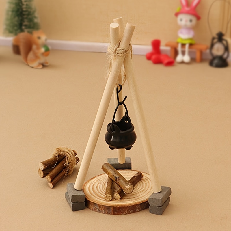 

1pc Miniature Wooden Campfire And Kettle Scene, Resin , Themed, Indoor & Outdoor Decor, Diy Craft Accessory, Tabletop Photo Prop, Ideal Birthday Gift - No Electricity Required