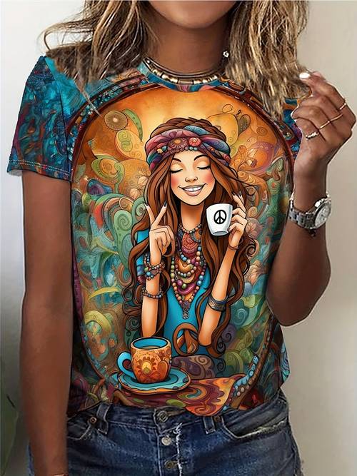 damencasual t-shirt mit kurzarm und rundhalsausschnitt - bohemian geometrisches muster mit friedenszeichen & kaffeetassen-design, leuchtende farben, mittlere dehnbarkeit, maschinenwaschbar für frühling sommer herbst, saisonale mode, boho chic stil, nicht durchsichtiges material
