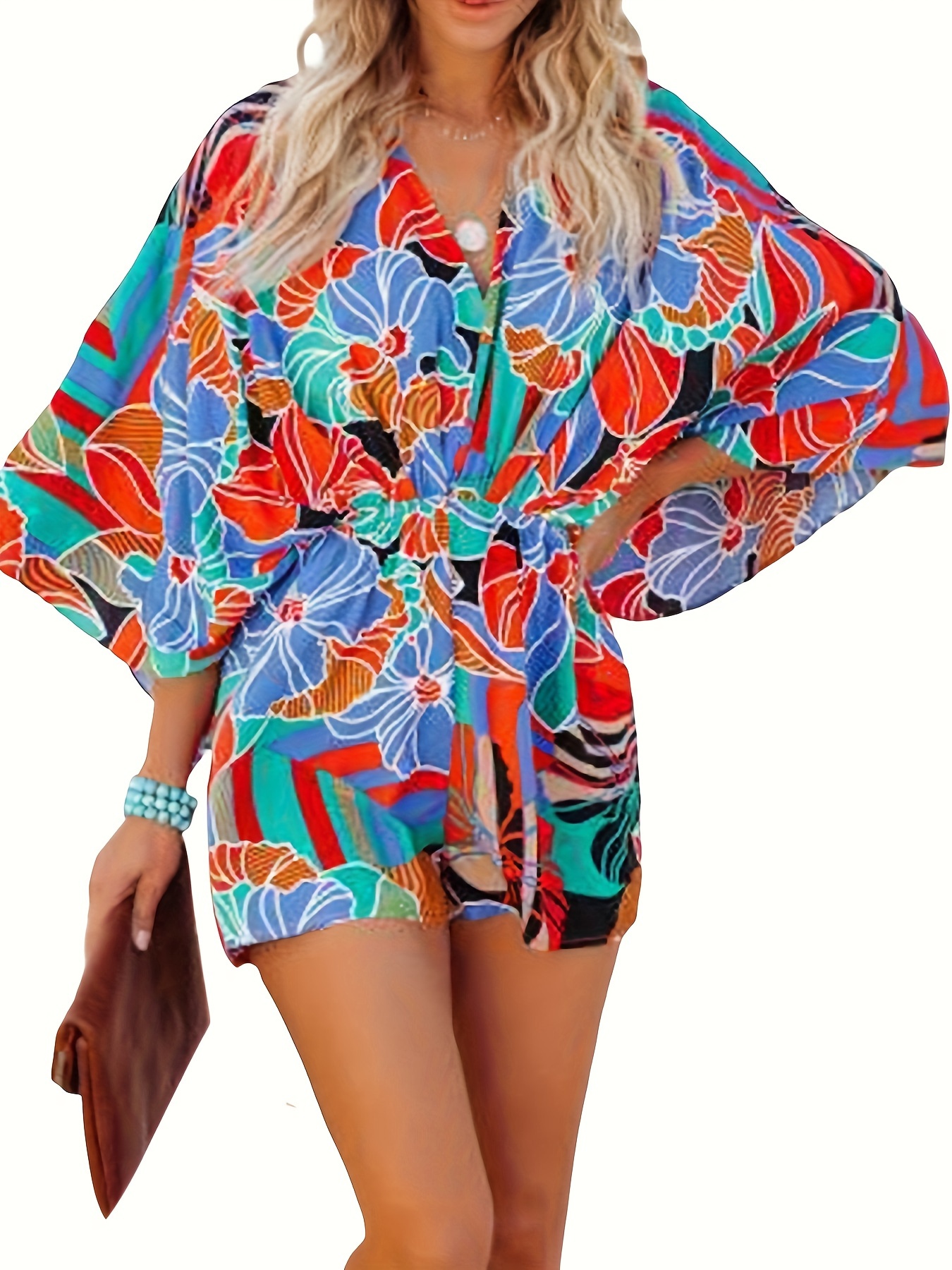 Women s Summer Romper Fashion Print Long Sleeve V Neck Elastic Waist Short Jumpsuit details 1