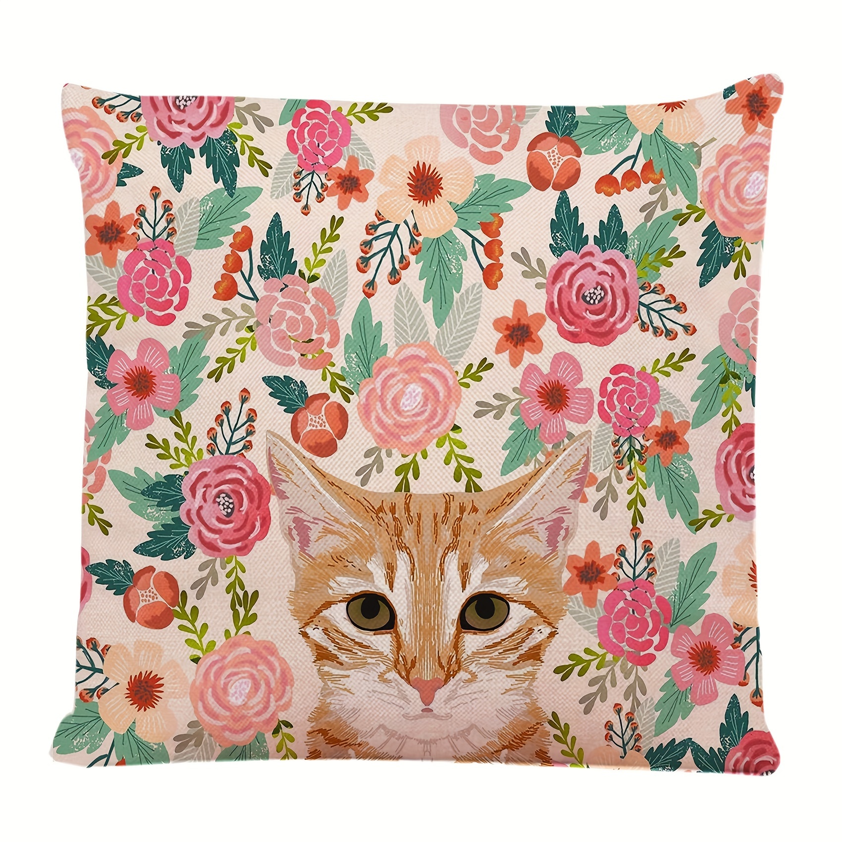 

1pc Throw Pillow Cover Orange Portrait Cat Spring Florals Cute Lady Person Square Decorative Throw Pillow Cushion Case For Home Couch Living Room Bed Sofa Car Pillowcase 18x18 Inch