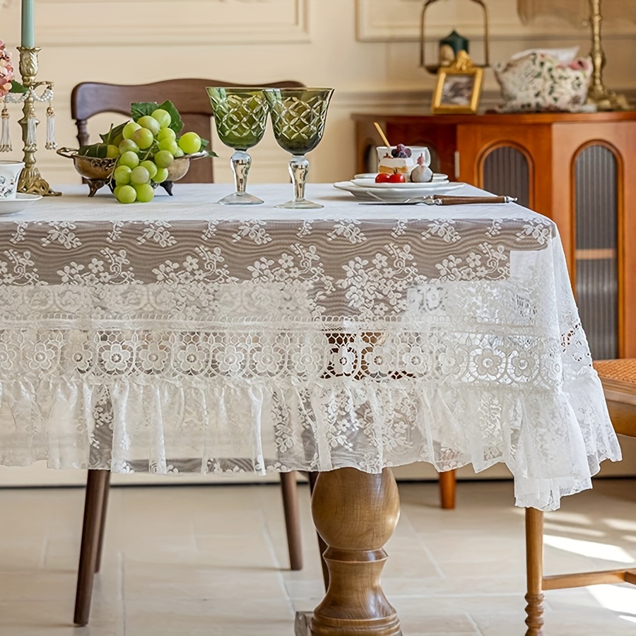 

Handcrafted Floral Lace Polyester Tablecloth, Square French Vintage Lace For Dining, Coffee Table & Party Decor - 1pc White Table Linen Suitable For Home And Restaurant