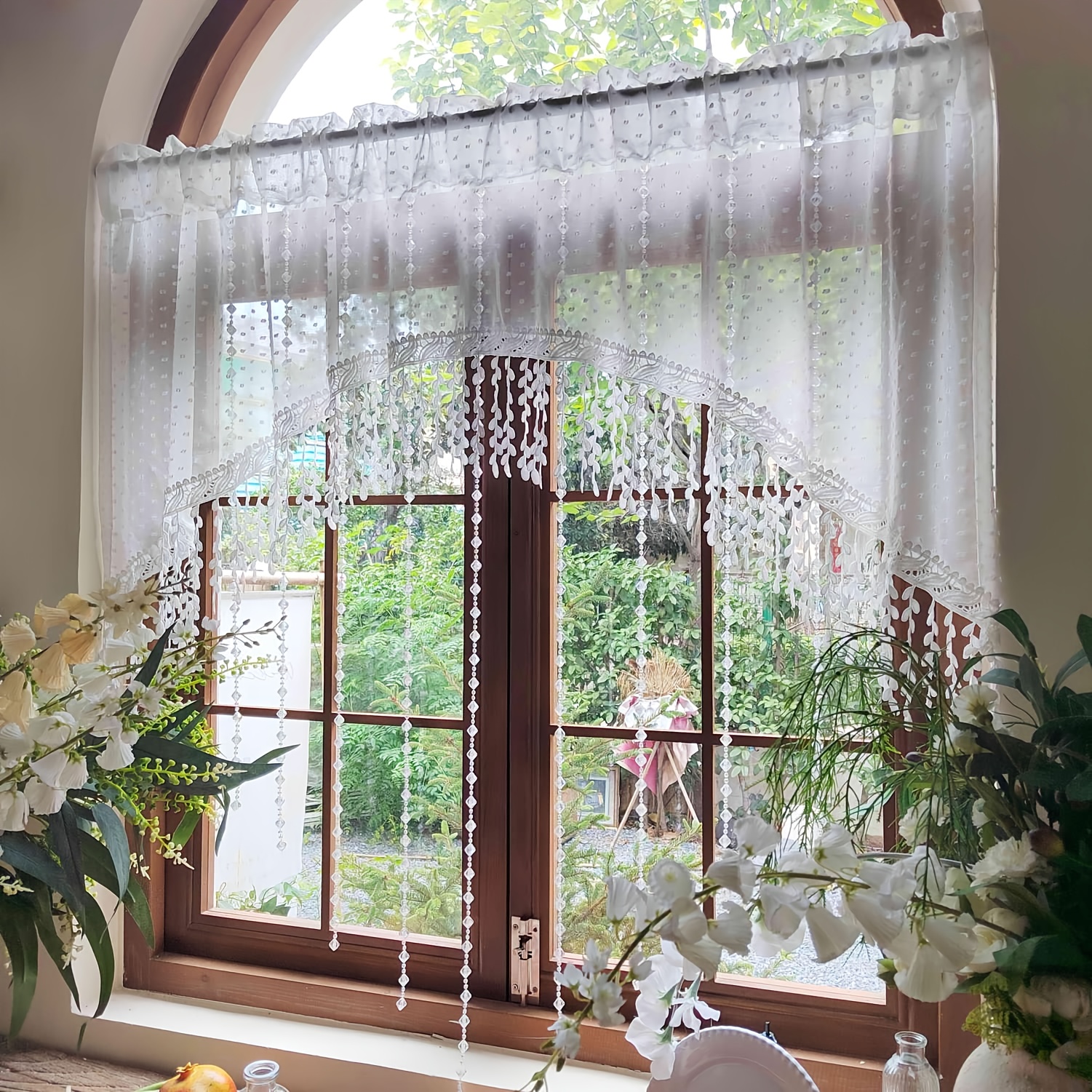 Image of 1pc French Lace Sheer Arched Curtain For Living Room Window Drape With Tassels And Beads Home Decoration Cafe Hotel Blinds