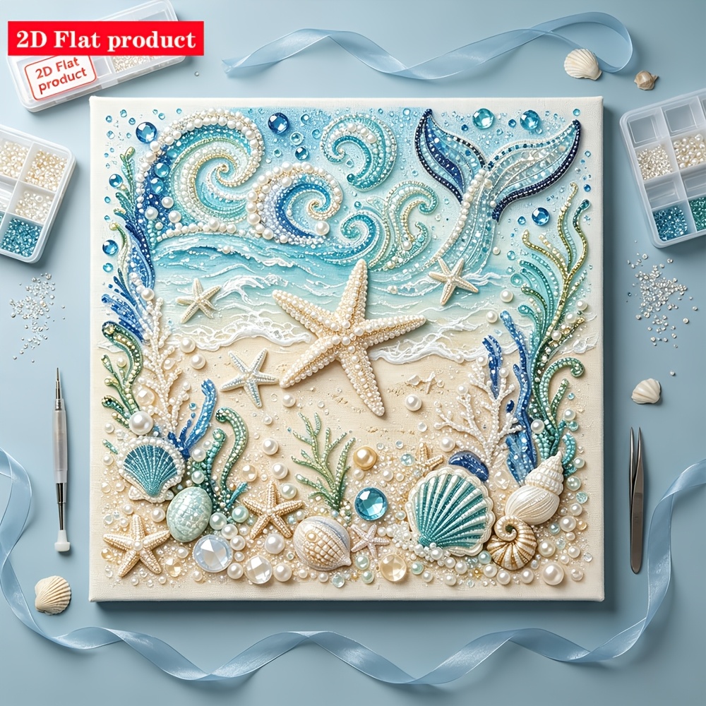 TEMU 2d Flat Starfish Beach Mermaid Tail Pearl Diamond Painting, Sea Grass Starfish Home Decor Diamond Painting, Frameless