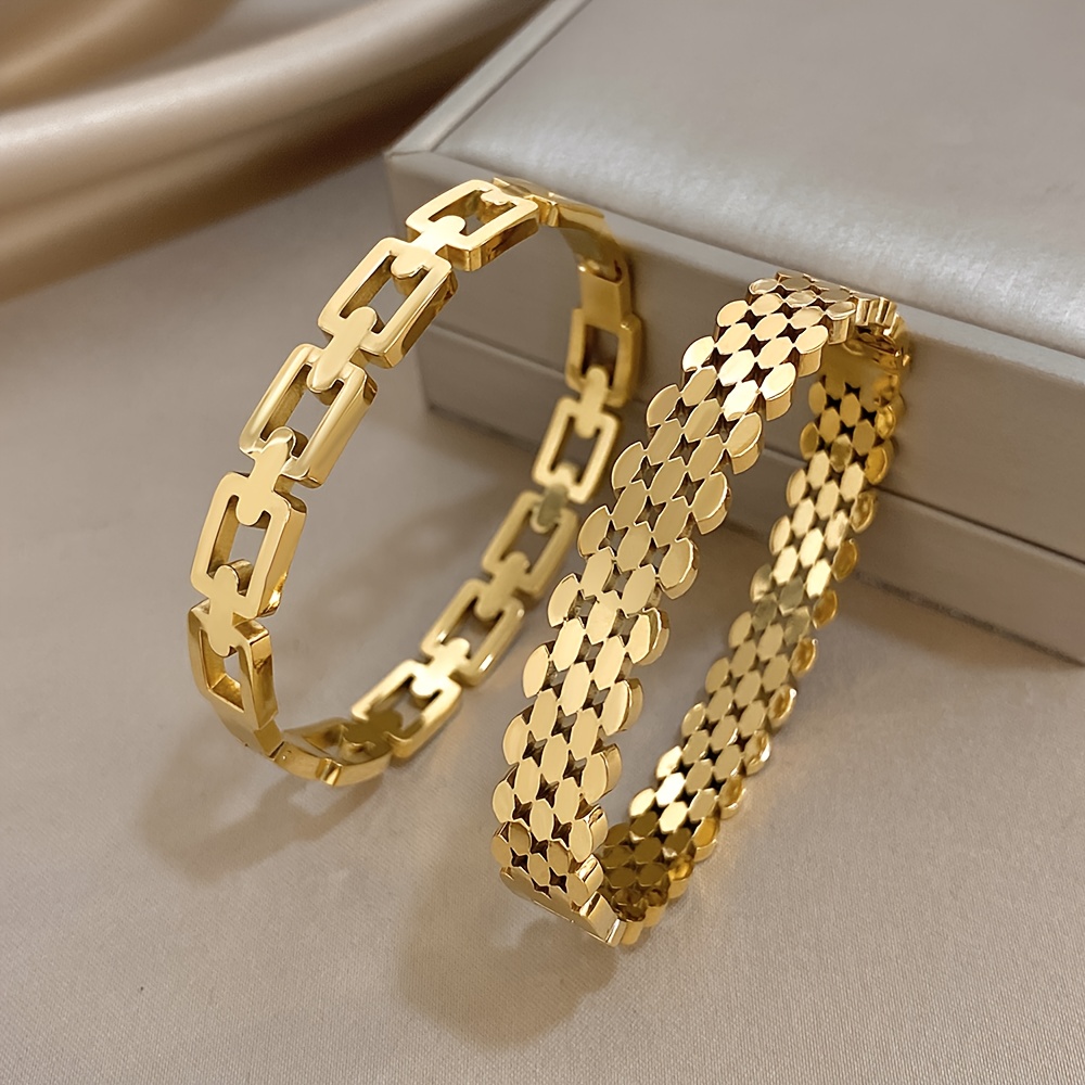 E-shop 2er-Set Goldene Edelstahlarmbänder für Teenager, Statement, Rechteckig, Oval, Geometrische Form, Bangles, , Stapel-Schmuck, Geschenk, für