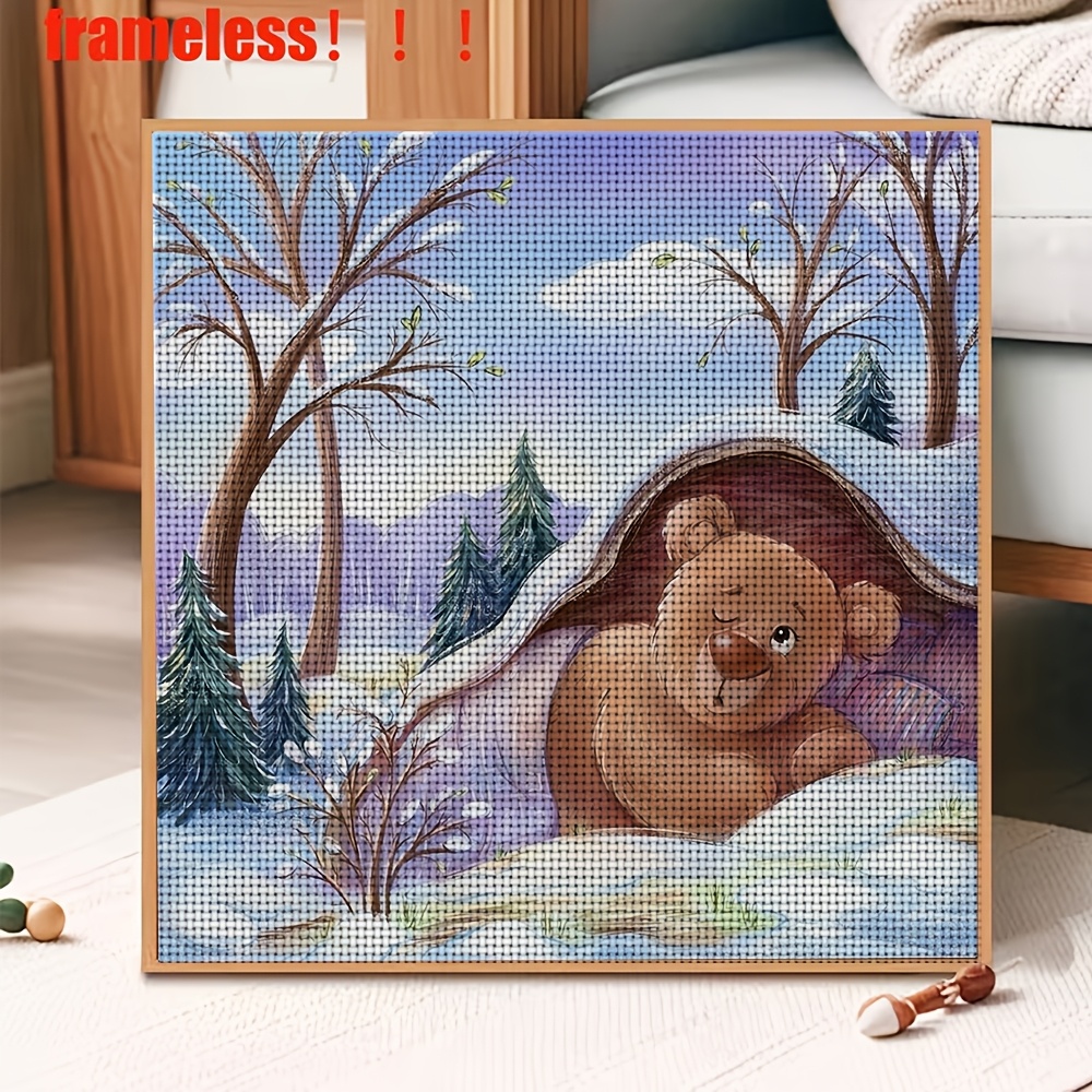 New Cross Stitch Printed Kit, Snow Cave Brown Bear Pattern