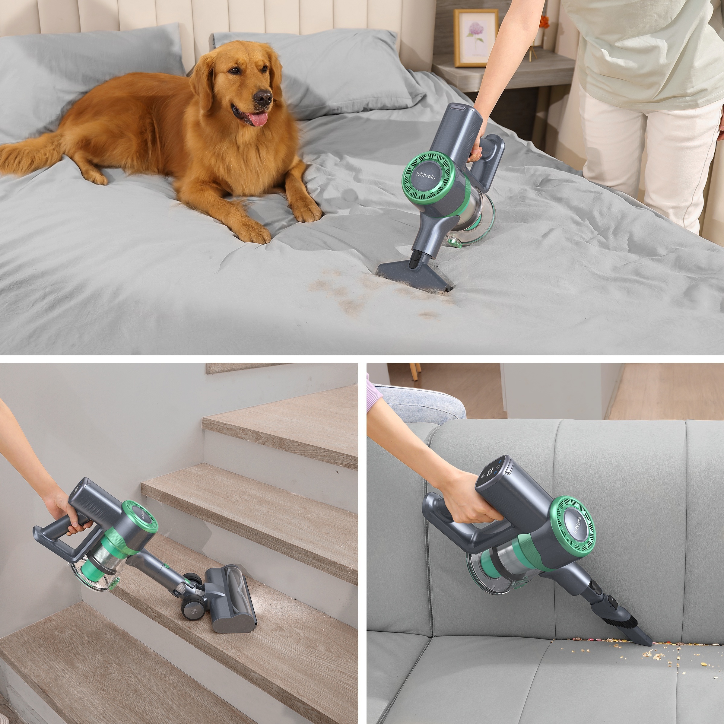 Lubluelu P2 Draadloze Stofzuiger, 33Kpa Staafstofzuiger met -Klitten Borstel en Verbeterd Groen Licht, Stofzuiger voor Thuis, Draadloze Stofzuiger voor Huisdierenhaar, Tapijt en Harde Vloeren