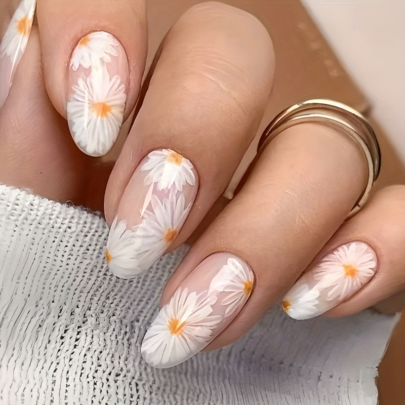 24pcs Spring And Summer Daisy Floral Press-on Nails, Featuring Daisy Patterns And Gradient Design, Glossy Medium-length False Nail Set, Removable, Suitable For Women And S, Reusable Nails