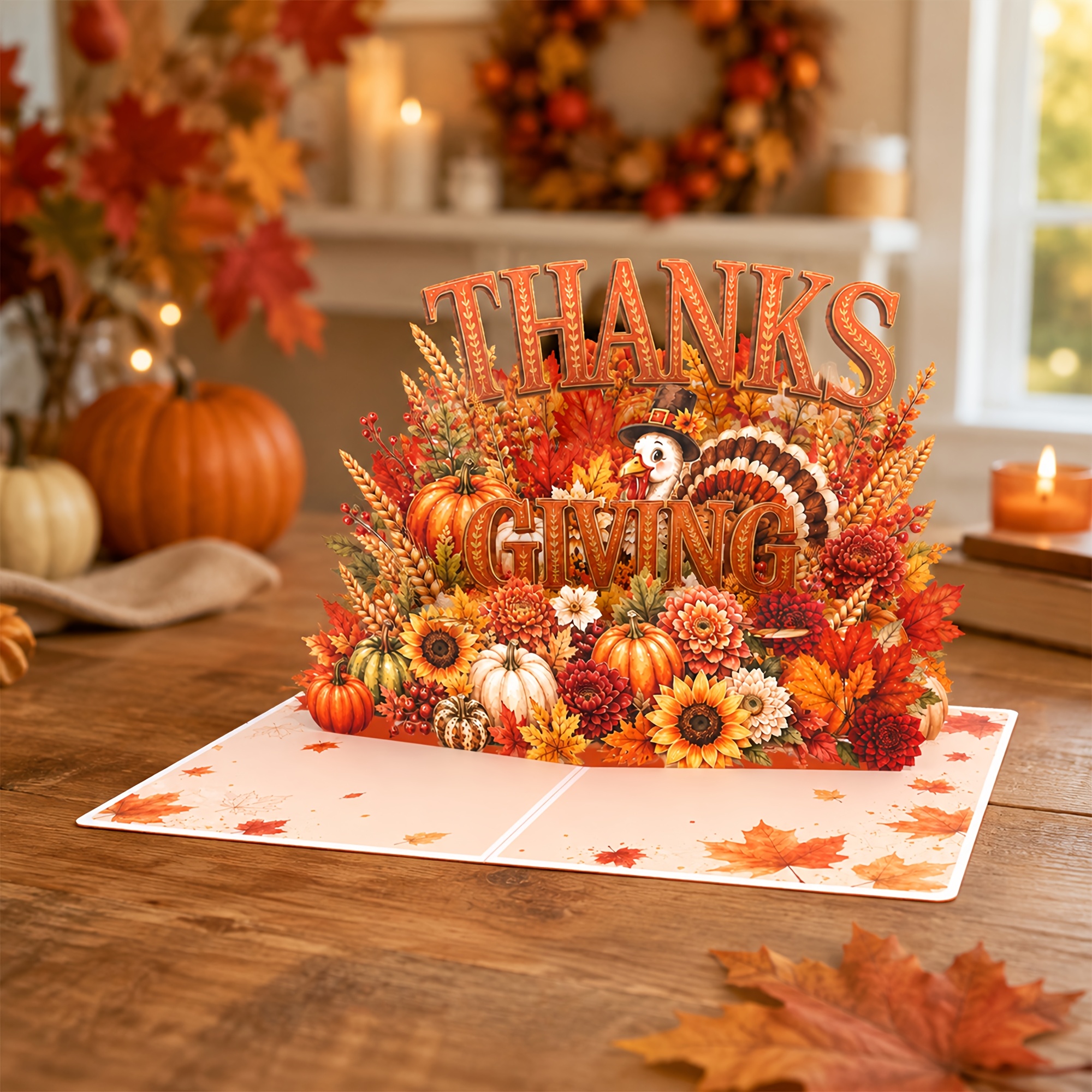 TEMU 3d Pop-up Thanksgiving Greeting Card With Envelope, Happy Thanksgiving Pop Up Card With Turkey, Pumpkins And Sunflowers, Thanksgiving Cards And