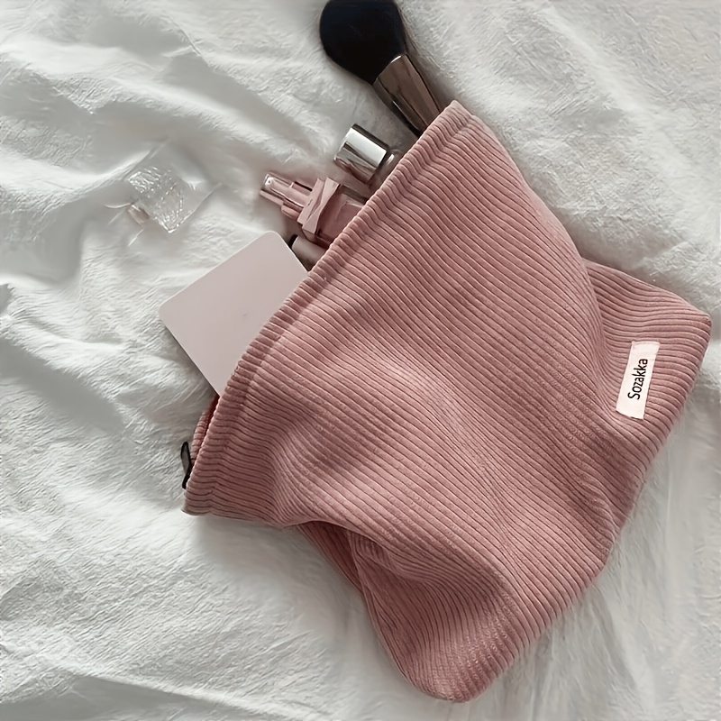 TEMU Trousse de maquillage vintage en velours à rayures verticales pour femme, pochette de rangement en tissu de grande , trousse de toilette de