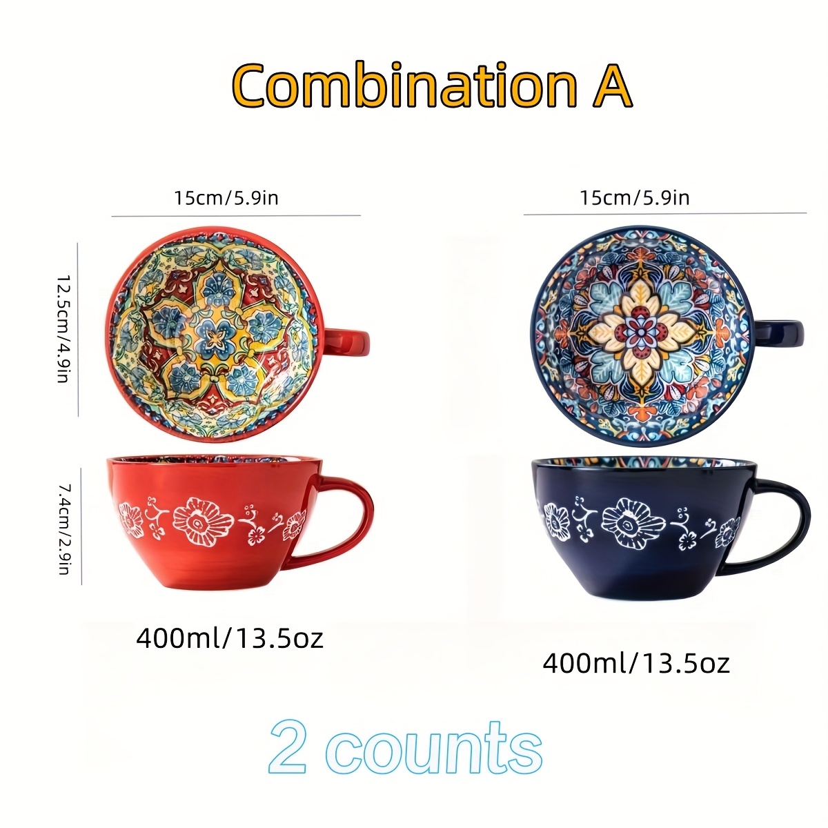 Image of 2pcs, Bohemian Ceramic Mugs High Aesthetic Capacity Water Cups, 13.5oz Milk Oatmeal Cup Milk Coffee Cup, Microwave Safe