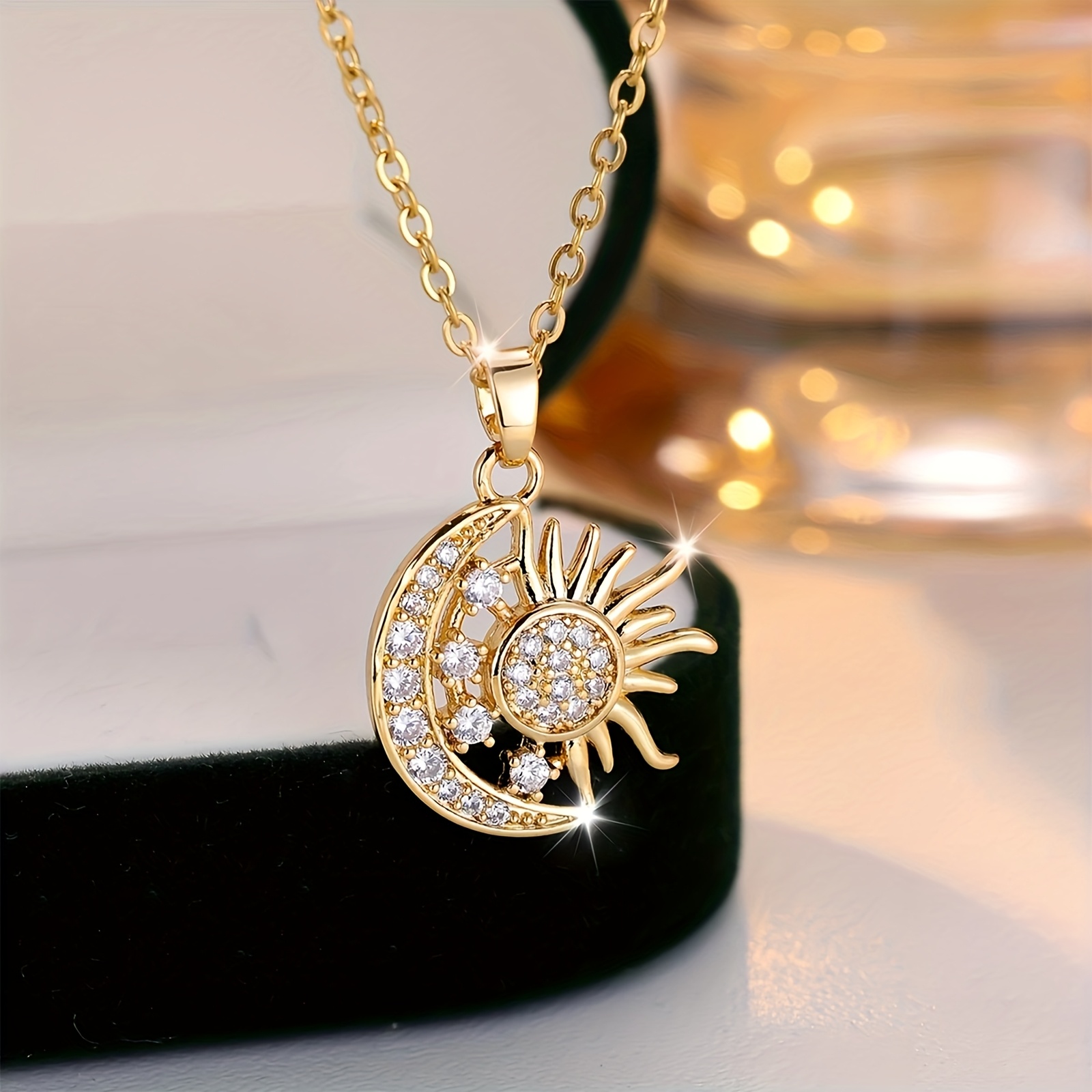 TEMU A Stylish And Elegant Necklace Featuring A Moon And Sun Pendant, With Sparkling Zirconia. This Copper Necklace Is Suitable For Everyday Wear And Parties, Making It A Perfect Gift For Women.