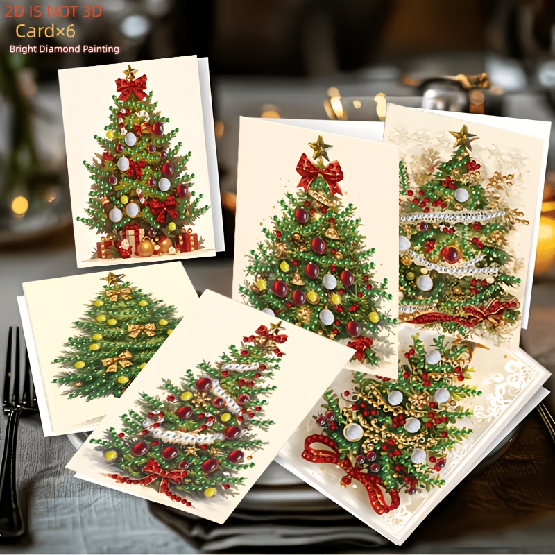 TEMU 6pcs Diy Diamond Painting Christmas Tree Greeting Cards Suitable For Holiday Gifts, Handmade Round/irregular Drill Cards With Patterns,