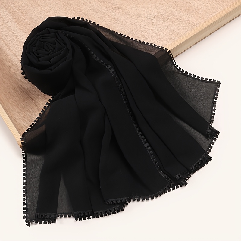 TEMU 1pc Women's Solid Color Elegant Chiffon Mullah Scarf With Tassels And Lace, Lightweight And Breathable Headscarf Shawl Long Scarf