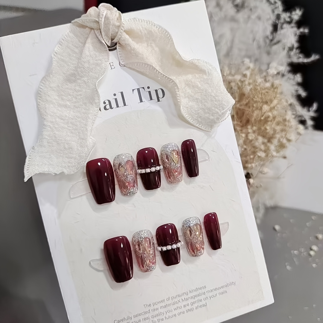 TEMU 10pcs Of Handmade Nails, , Short Ladder, Handmade Light Luxury Bridal Nails, High-end Temperament, White, Fashionable And Fake Nail Patches