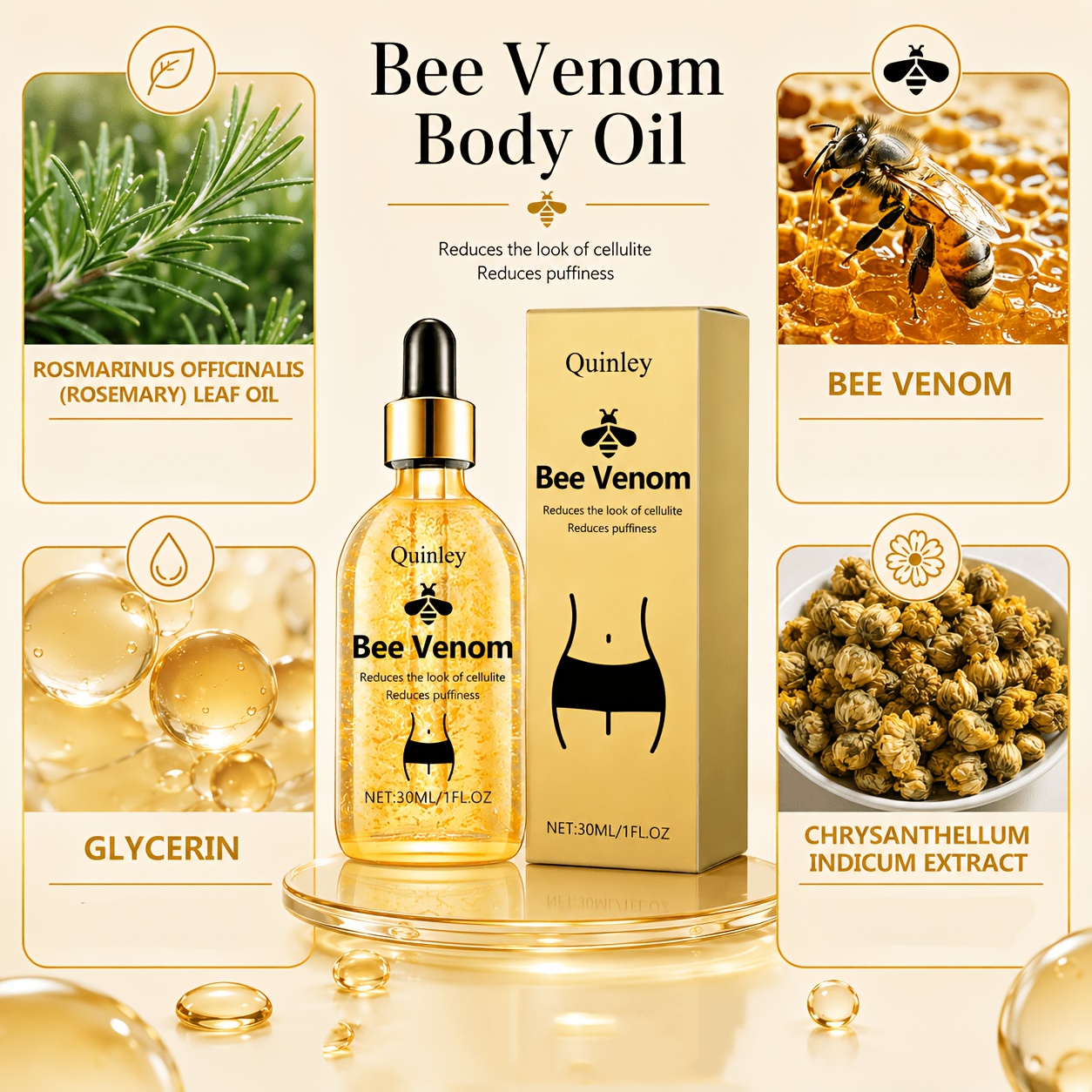 Bee Venom Body Firming Oil, Containing Rosemary Extract, Firming Cream with A Warming Effect, Body Sculpting Cream, Firming Care for The Body Contours, Hydrating& Tightening Body Massage Oil, Improving Skin Loose Aging, Accumulation Appearance