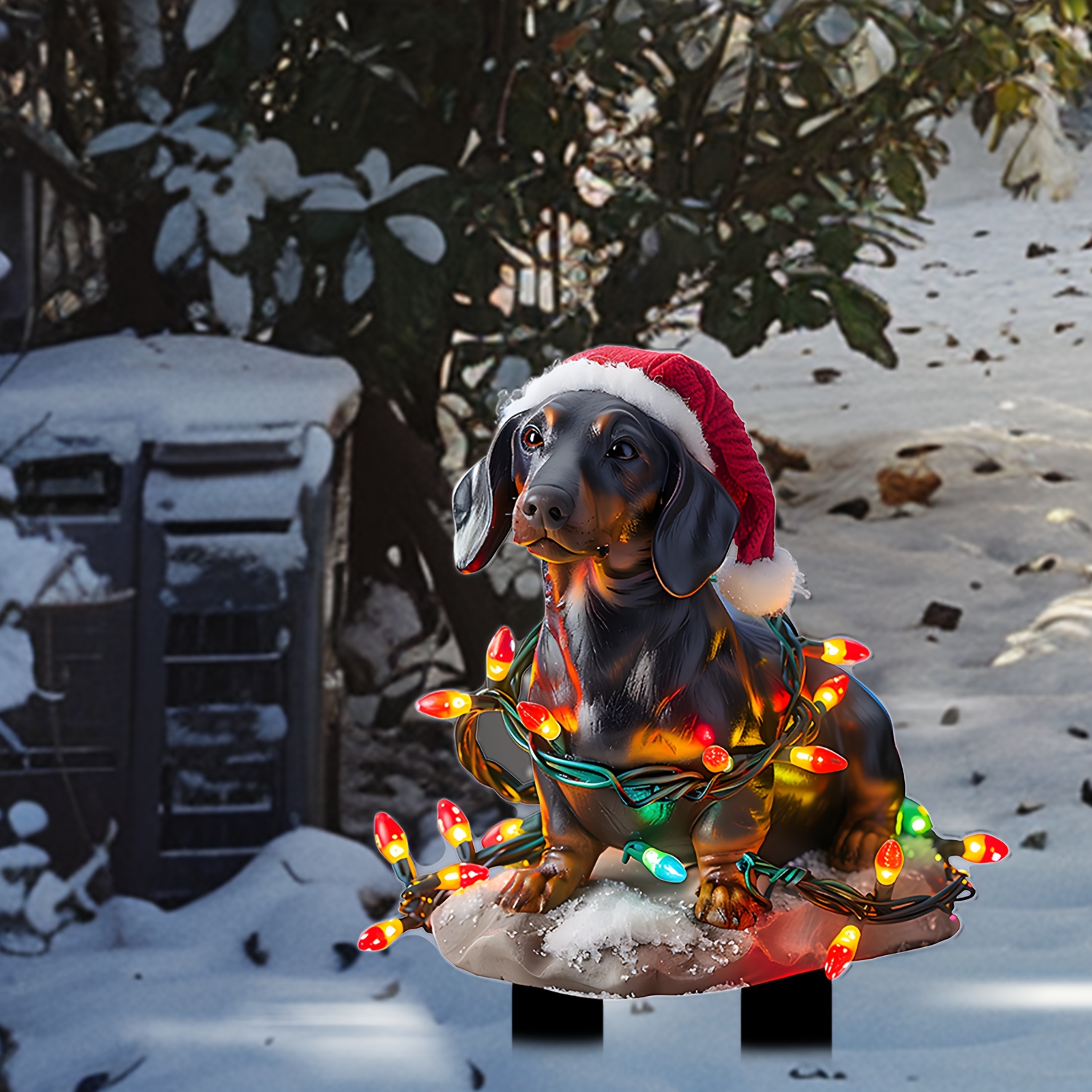 

Christmas Dachshund Acrylic Garden Stake - Outdoor Holiday Scene Decor, Garden Ground Insert, No-electricity Lights, Featherless, Winter Season Yard Ornament, Unique Spectacle Gift For Decoration