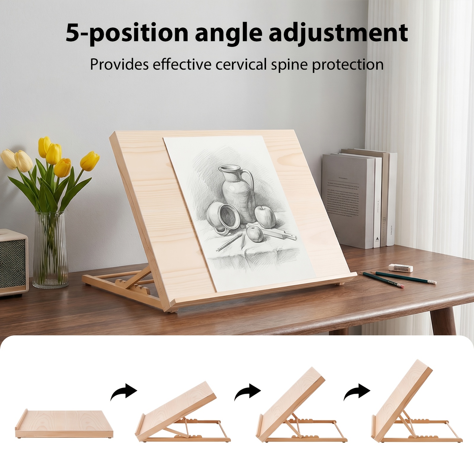 Image of Foldable Adjustable Height Easel Table & A2/a3 Drawing Board Stand - Wood Suitable For Sketching, Oil Painting, Artists & Hobbyists, Portable Desktop Drawing Table With Easel For Studio,, Office Use