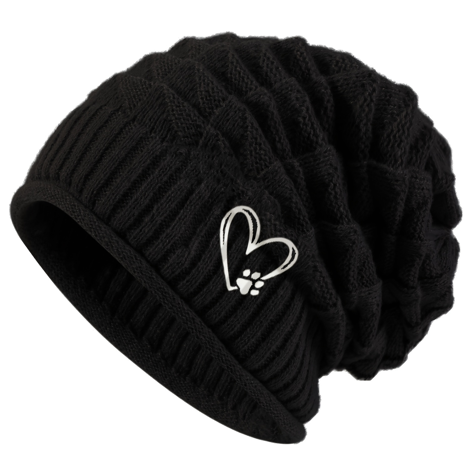 TEMU Women's Fashion Heart And Paw Print Embroidered Beanie, Autumn Winter Warm Comfortable Stretch Hat, Perfect Valentine's Day Gift