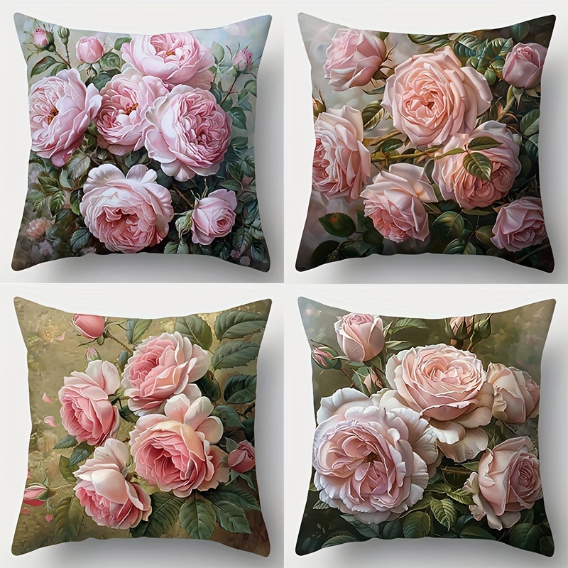 

4-pack Contemporary Style Throw Pillow Covers - Polyester Floral Print Decorative Cushion Cases With Zipper For Sofa, Bed, And Room Types - 17.72x17.72 Inch - Hand Wash Only - Woven Fabric