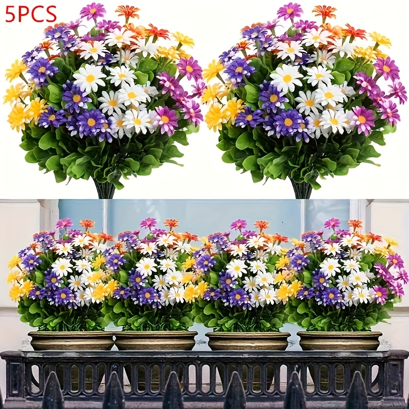 5pcs outdoor artificial flowers ( 5pcs in different colors, 1 bunch of 5 colors), plastic flower decor, daisy edition bouquet, uv-resistant artificial flower shrubs, suitable for home, hotel, office, wedding, party, home