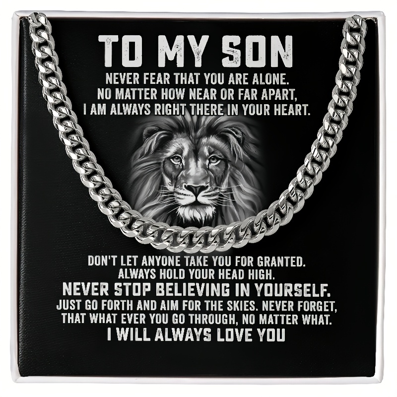 TEMU To My Son Cuban Link Chain Necklace From Mom Dad, Lion Son Necklace, Message Card And Gift Box, Christmas, Christmas Gift