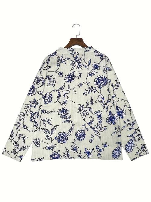 plus size plus size womens floral print cardigan elegant long sleeve open front sweater with blue floral button front closure round neck lightweight layering piece casual layering top knitwear shawl