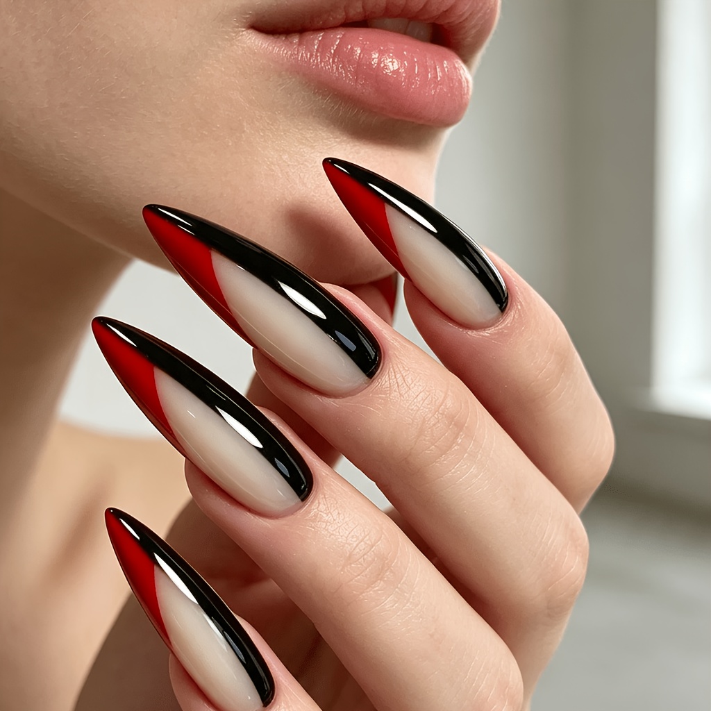 TEMU Faux Ongles Longs Brillants Noirs, Blancs et Rouges, 24pcs, Ongles Artificiels, Autocollants d'Ongles à Presser, Ongles Y2K, Nail Art Gothique,