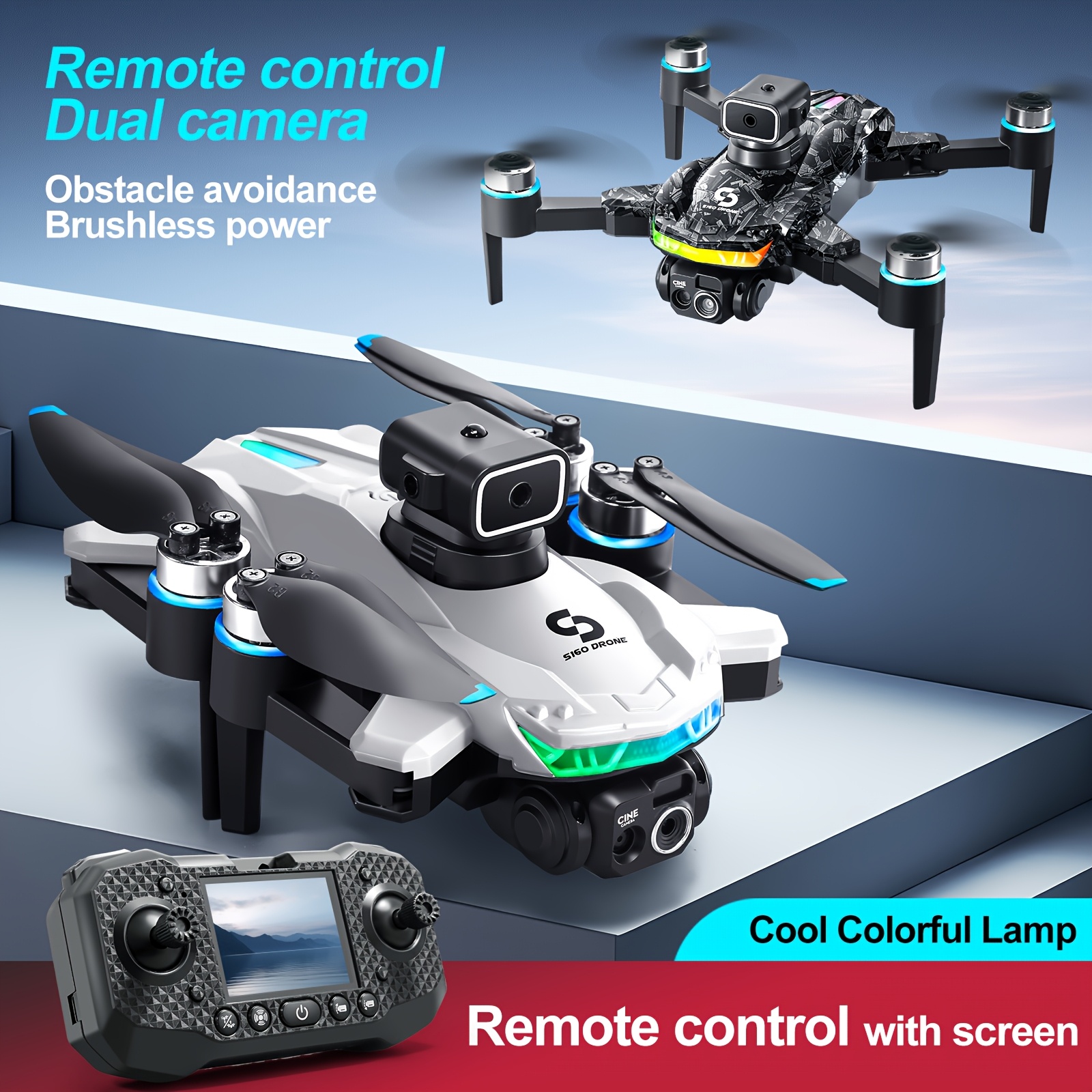 Drone S160 z Silnikiem Bezszczotkowym, Unikanie Przeszkód, Podwójna Kamera EIS & Optyczne Wznoszenie - Składany Quadcopter z em, Długi Czas Lotu, Łatwy w Obsłudze dla Początkujących i Dzieci, Idealny na Prezent Urodzinowy/Podróżniczy (Czarny/Niebieskie Akcenty) - FPV Wyścigi & Aerial Photography, Zewnętrzne Przygody, Elegancki Design, Stabilny Lot, Technologii dla Entuzjastów, Teleskopowa Kontrola, Bateria Polimerowa do Ładowania