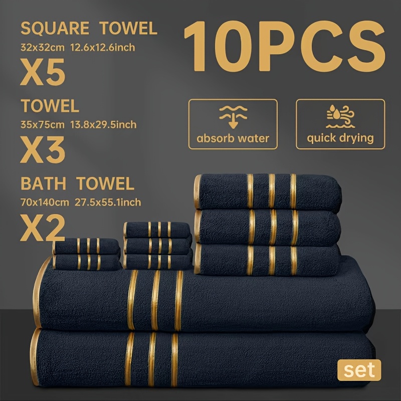 Image of Luxury 10pcs Towel Set: 2 Bath Towels, 3 Hand Towels, 5 Square Washcloths- Ultra Soft, Absorbent& Quick-drying Premium Towels, In Grey, Black& White- Elegant Design