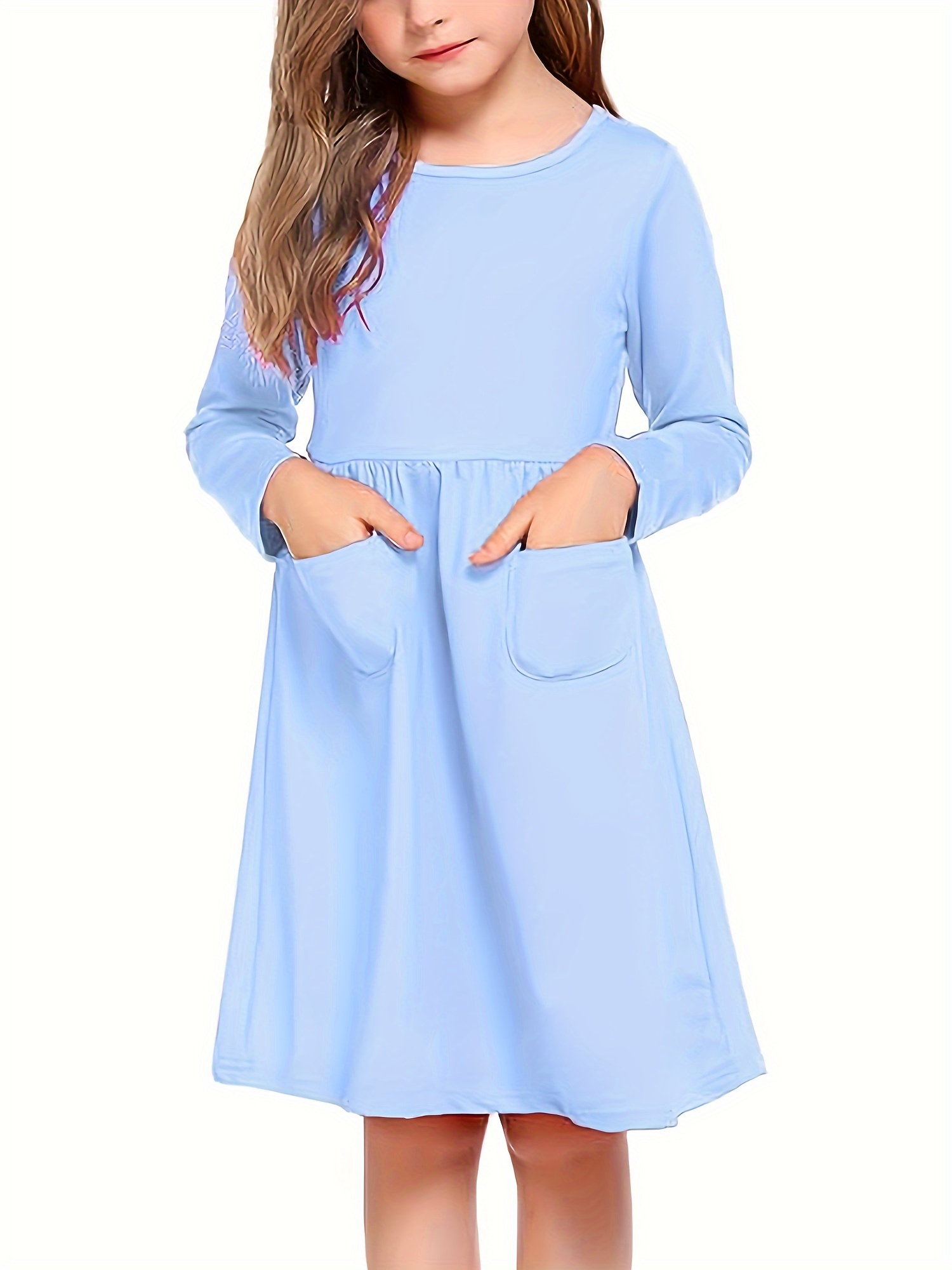 little girls dresses long sleeve solid color casual skate - Temu