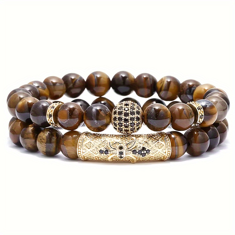

2pcs/set Trendy 8mm Tiger Eye Stone Round Beads Elastic Yoga Bracelet For Men, Holiday Birthday Gift For Boyfriends