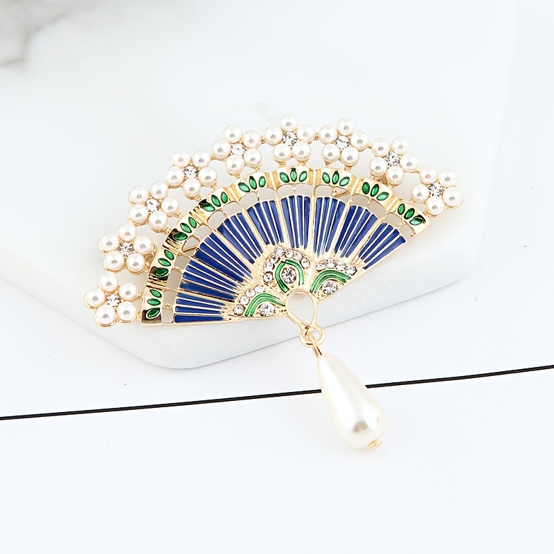 Chinese Style Vintage Bamboo Fan Pendant Brooch with Imitation Pearls