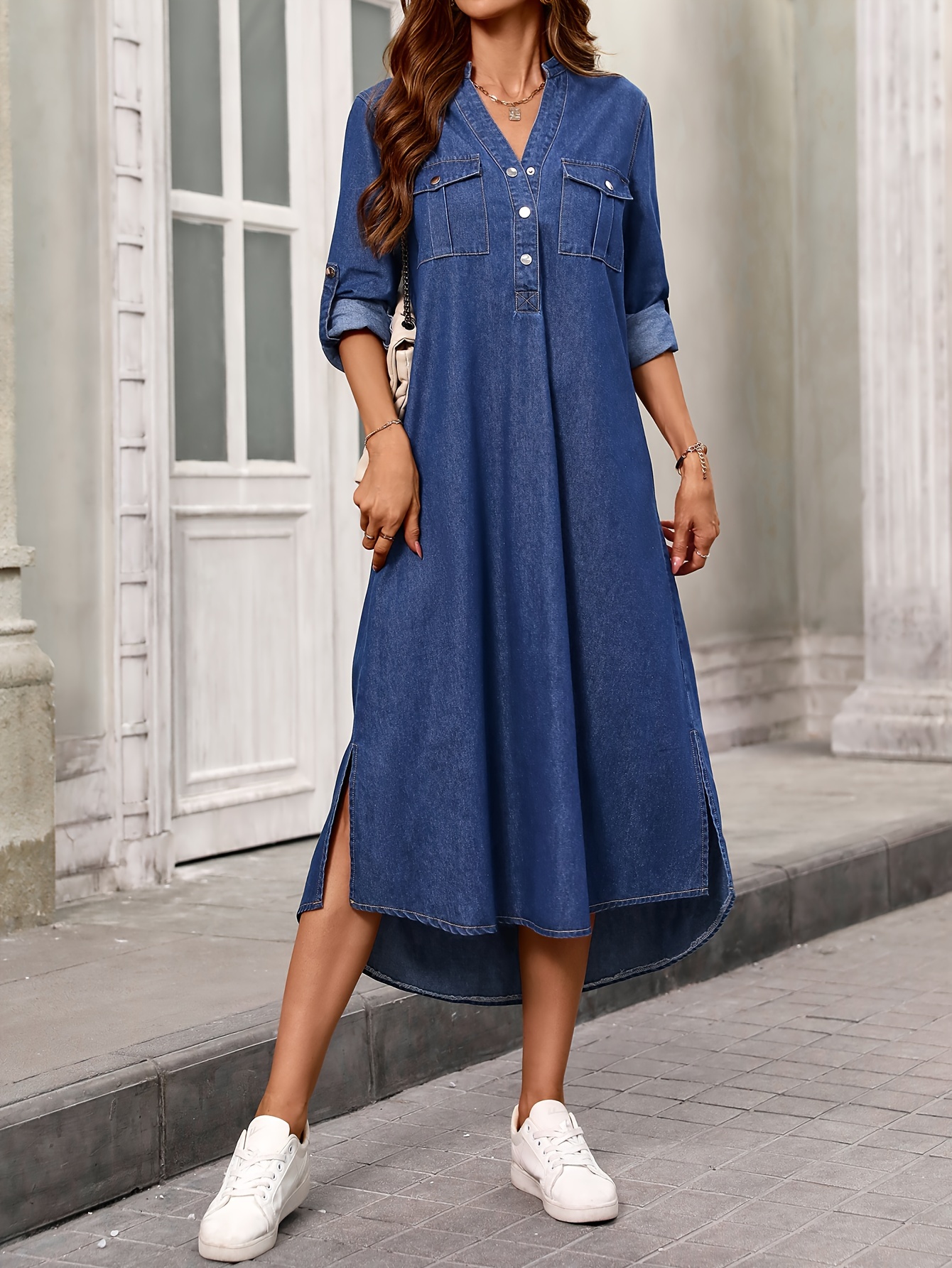 v neck loose high waisted long denim dress women's clothing - Temu Germany