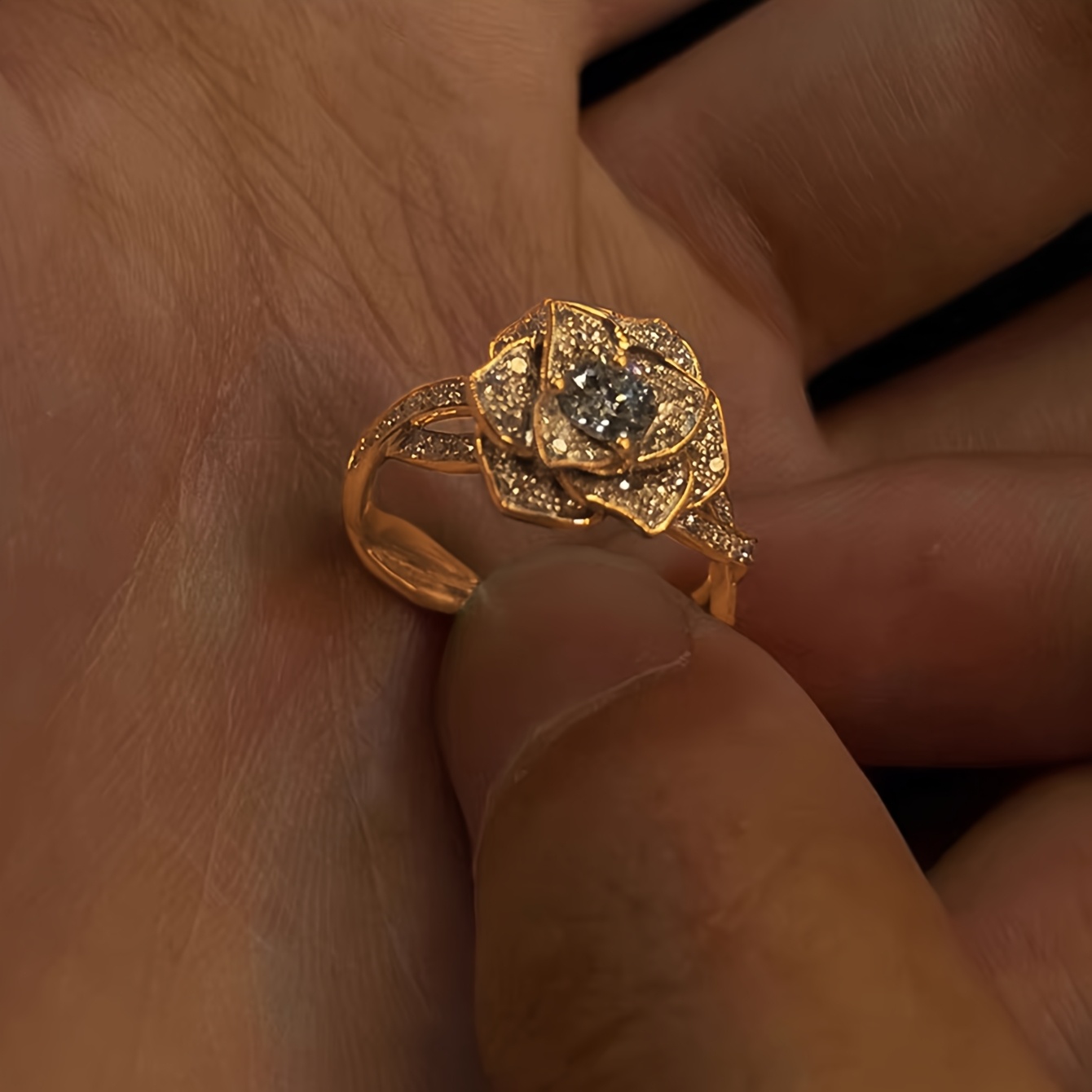 Three-Dimensional Rose Ring with Sparkling Zirconia, Gift for Her