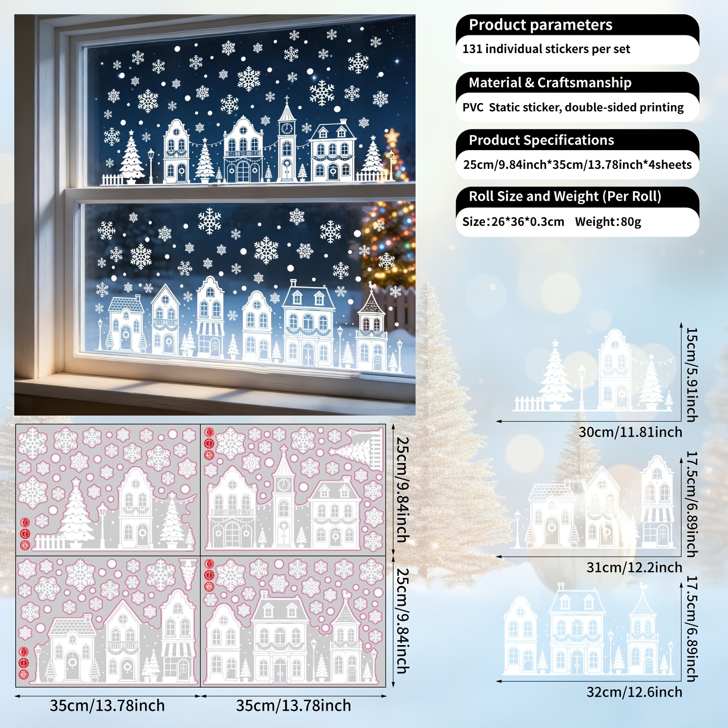 TEMU 1 Set/4 Stk. große weiße Weihnachts-Schneeflocken--Fensteraufkleber, -Aufkleber, elektrostatische Glasaufkleber, Feiertags-Dekorationsaufkleber