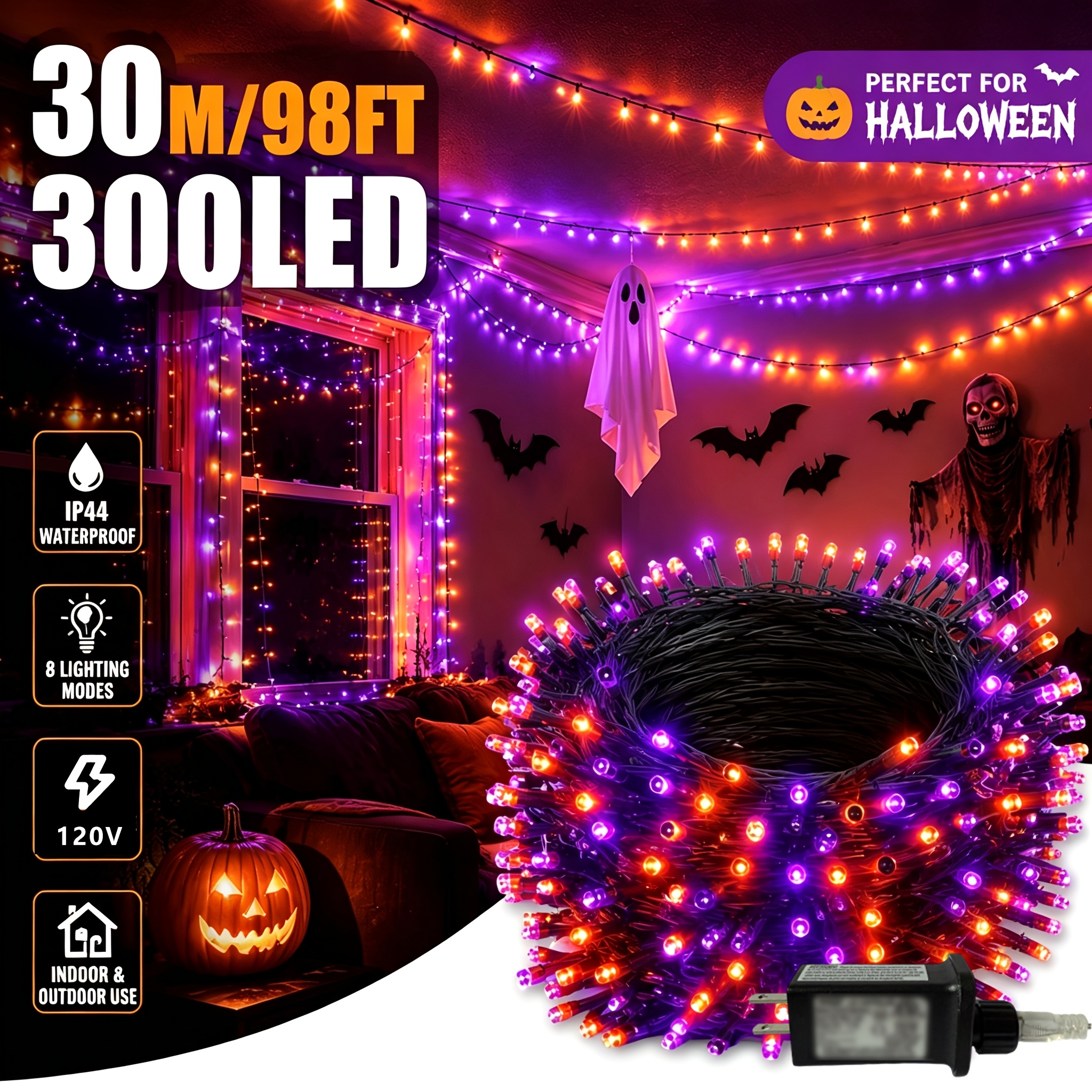 TEMU Halloween Decorations: 300-led Plug-in String Lights (98ft), Ip44 Rated. Suitable For Decorating Yards, Gardens, And Lawns; Features 8 Flashing