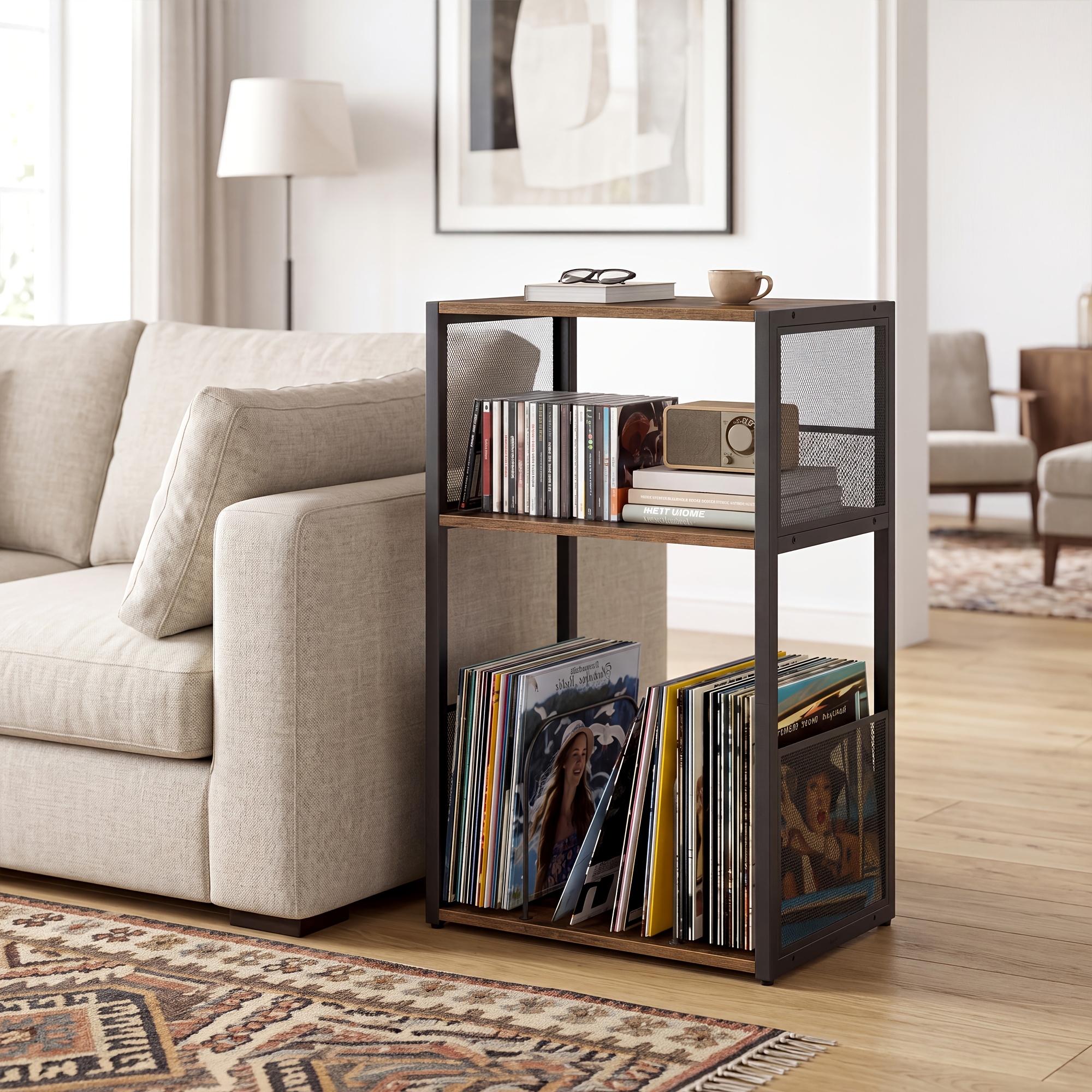 Image of Record Player Stand, 3-tier Side Table With Vinyl Record Storage, 43 X 30 X 69cm, Rustic Brown