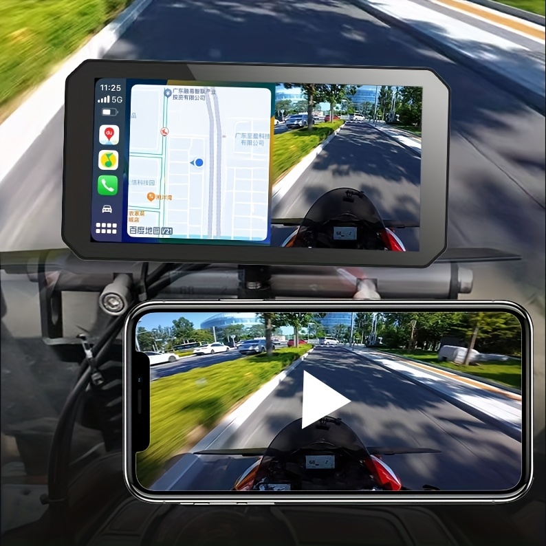 Gallop Sprite 6-inch Motorcycle Dash Cam, GPSD Navigator with Split-Screen Display, Upgraded Anti-Shake and Shockproof Handlebar Mount, Dual 1080P Front and Rear Cameras + 64GB Card, Loop Recording, Wireless Bluetooth CarPlay & Android Auto Screen