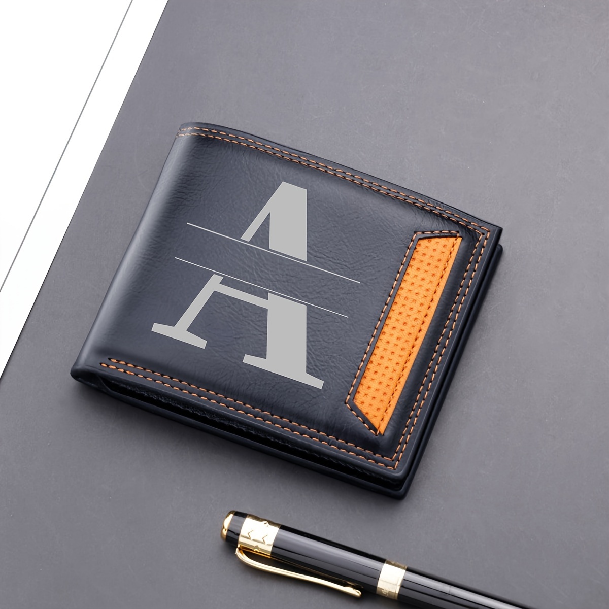 

Custom Engraved Men' - Elegant Black Leather With Large Letter "a" Design, Orange Accent & Brown Trim - Slim &