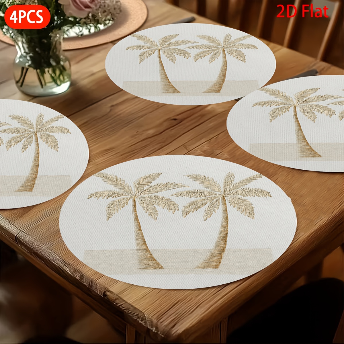 TEMU 2d Flat, 4pcs, Mats, Palm Tree, Patterned Round Placemats, Multifunctional, Party Decor, Valentine's Day, Halloween, Easter, Christmas, Gift ,