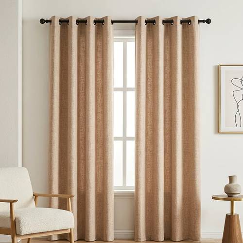 japansk gardin med linne-textur, metallöljetter, svart mörkläggande värmegardin för sovrum, naturlig jute-färg, klassisk och mångsidig